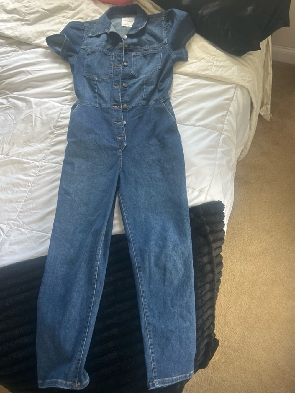Celebrity Pink Blue Short-Sleeve Denim Jumpsuit Overalls